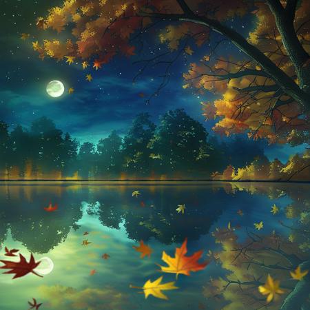 ArsGreenMistWorld, tree, moon, sky, flower, solo, star (sky), reflection, 1girl, scenery, outdoors, starry sky, leaf, full moon, night, brown hair, water, autumn leaves, 1boy, autumn
