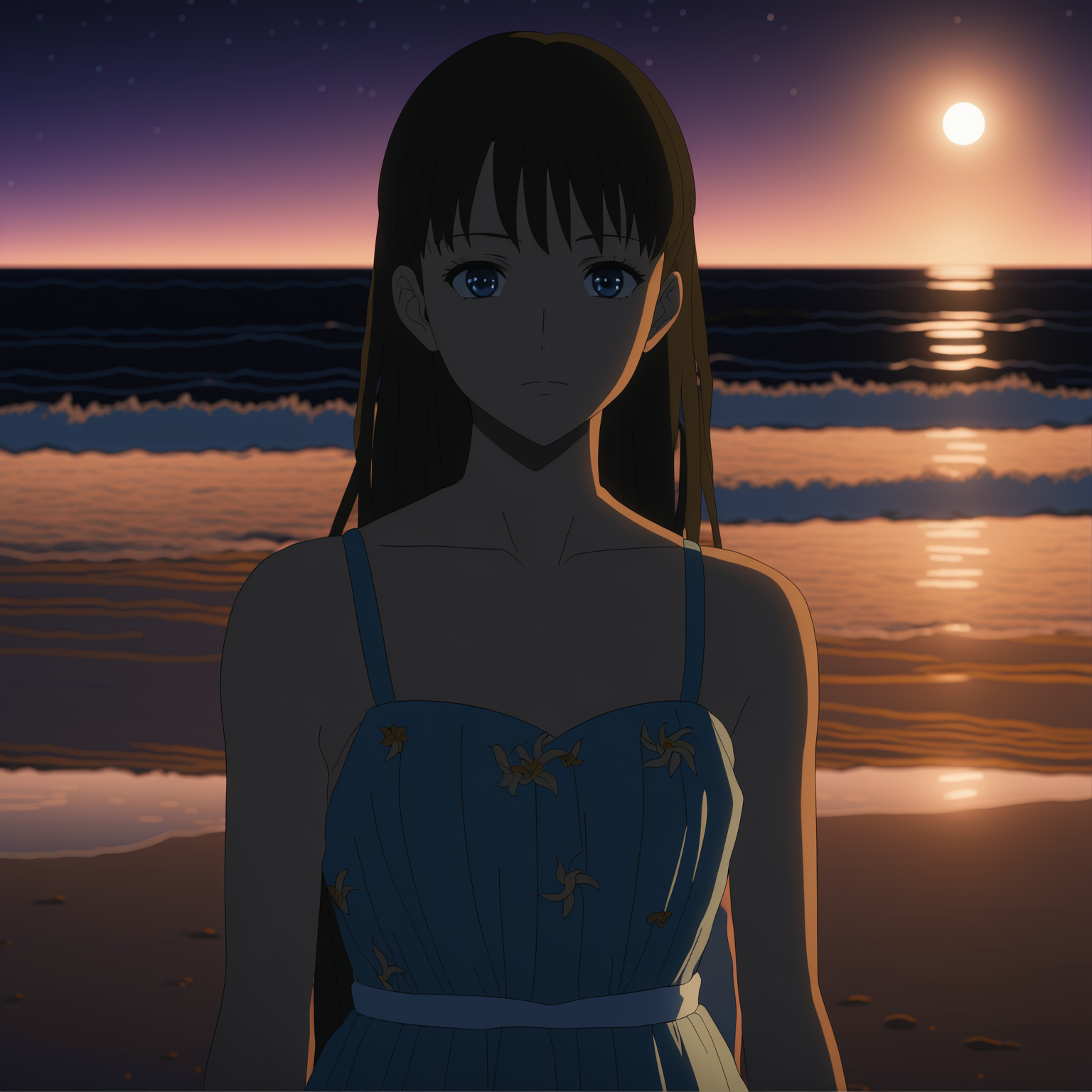 A anime screenshot of a girl wearing sundress on a beach at night. Looking at viewer, beautiful detailed eyes