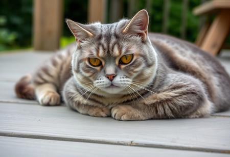 a close-up photograph of a Scottish Fold cat lying on a wooden surface, the cat is a medium-sized breed with a soft, silky coat of grey fur, characterized by vertical, horizontal stripes of varying shades of grey, its eyes are bright yellow, with a serious, focused expression, and its nose is slightly upturned, giving it a sultry appearance, its ears are small and pointed, and it has a small, pinkish-brown patch on its forehead, the background is blurred, but it appears to be an outdoor setting with greenery and a hint of a wooden structure, possibly a bench or a table, in the distance, the wooden surface is weathered and has a light gray color, with visible grain patterns, the overall mood of calm and serene, with the cat positioned slightly off-center, making it the focal point of the image, the lighting is soft and natural, enhancing the texture of the wood and the cat's fur, a close-up portrait of a cat, captured in a relaxed pose on a wooden deck. The cat's fur is a mix of gray and white stripes, with its eyes being a striking shade of amber. The background is blurred, emphasizing the cat as the main subject, and the deck appears to be made of dark wooden planks. The overall style of the image is candid and natural, capturing the essence of the cat in its environment, credit to lo_fi, (grumpy:-1.5)