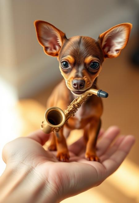 An ultra-realistic photograph of a Miniature Pinscher standing on a human hand, holding a tiny saxophone in its mouth. The Miniature Pinscher's fur is detailed with vibrant brown hues. The saxophone is gripped delicately by the Miniature Pinscher’s mouth, as it appears to be playing. The hand is textured with visible skin pores and slight wrinkles, carefully supporting the Miniature Pinscher. The background is softly blurred to draw attention to the subject, with natural, soft lighting enhancing the scene. Captured with a macro lens for high detail, shallow depth of field, high-definition quality