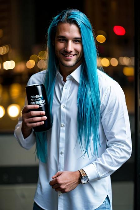 analog warm photo : man posing for a shampoo advertising, advertising a shampoo brand, holding a shamoo in his hand, ((white dress shirt)), jeans, (full shot), smirking, straight long hair, blue hair, blue eyes, realistic, detailed, bokeh, warm lighting, detailed man, looking at viewer,