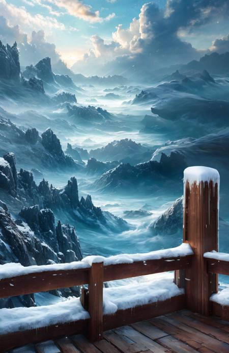 award winning wooden railings looking out over beautiful clear water, (ocean), ((waves)), storm,((dark storm clouds)), fluffy clouds in the sky, (paint splashes:1.3), (splatter:1.2), outrun, vaporware, shaded flat illustration, digital art, trending on artstation, highly detailed, fine detail, intricate, ((lens flare)), (backlighting), (bloom), Style-Winter background, [SCG768-Euphoria::20]