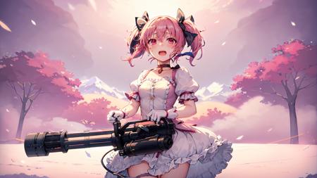 1girl,solo,breath,open mouth,standing,m134minigun,holding gun,aiming, kaname madoka, solo, pink hair, twintails, tears, pink eyes, gloves, magical girl, outstretched arms, choker,snow,winter, <lora:m134v51024:.9>, <lora:madoka:.8>