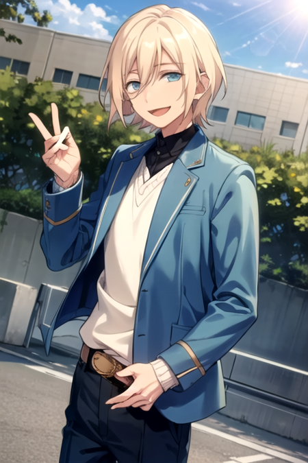 <lora:Eichi-08:0.7> ,eichi, solo, looking at viewer, smile, short hair, open mouth, blue eyes, blonde hair, shirt, long sleeves, 1boy, holding, hair between eyes, jacket, male focus, belt, pants, sweater, lens flare