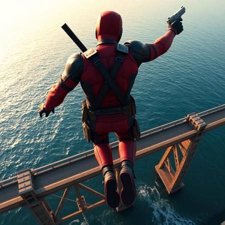Deadpool is jumping from a bridge in a sea, bird person oponion , super focus on male, superrealistic, in his right hand he has a gun, you are not so near by deadpool, you see his back