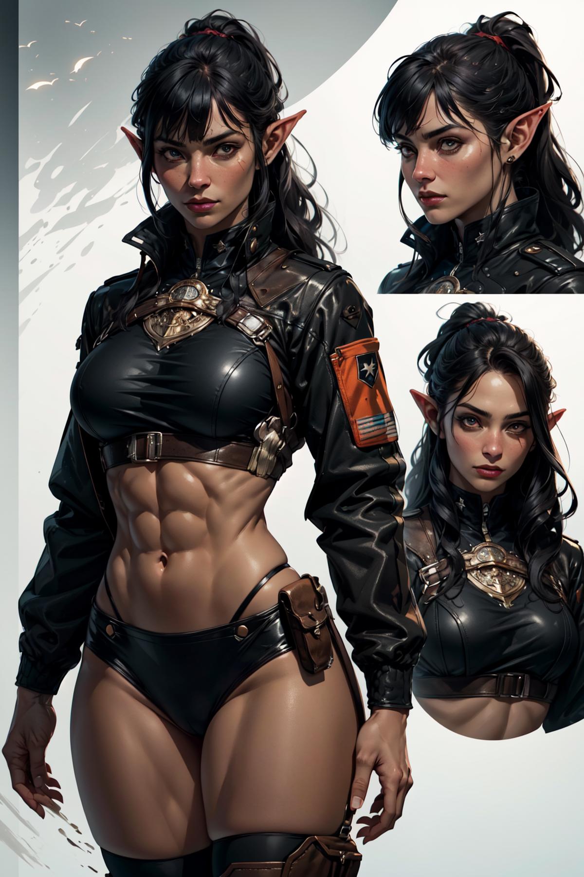 A half-naked female warrior wearing a black leather jacket and holding a gun.