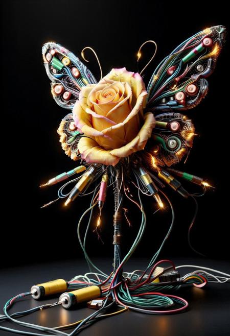 "Batteries Rose"
Flower: A rose submerged in a Batteries, its petals dissolving into swirling Electrical Wires.
Insect: A delicate lacewing, its wings translucent except for veins filled with glowing Electrical Wires.
Background: An antique desk made of batteries littered with Electrical Wires, sparks and batteries, and yellowed motheboard.
Art Style: Baroque still life with dramatic chiaroscuro lighting.