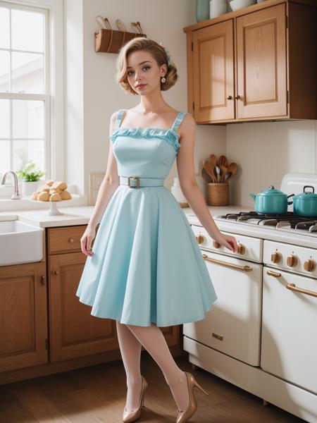 18yo, short girl, 5 feet tall, 1950's updo hair style, (high heel shoes:1.1), medium breasts, firm breasts, (sultry:0.9) (sensual:0.9) (aroused:0.9),
(1950's style A-line dress:1.2), belt, (nylon stockings:1.1), garter belt,
sultry, narrow waist, thin waist, wide hips, BREAK,
(bending over:0.9), (one foot lifted up:0.9), baking cookies, cooking, BREAK,
1950's style American farmhouse kitchen, 1950's style appliances, pastel colors, sunbeams, flowers, wine, BREAK,
heavy eyeliner, heavy eyeshadow, bright eyes, lipstick, A photo of a cute girl, skinny, adorable, lifelike, tender eyes, real photo, full shot, wide shot, (entire body in view:1.2),, masterpiece, best quality, high resolution, (photorealistic:1.2), (film grain:1.1), (morbid light:1.1), (dynamic angle), raw photo, (Ultra-HD-quality-details, real-photo-realistic, ideal),