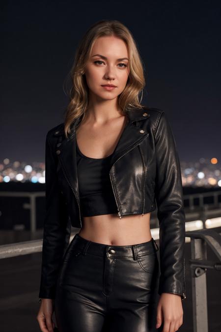 <lora:yvonne:0.8> yvonne woman, stock photo, shutterstock, leather jacket, crop top, femme fatale, dim light, night sky, Los Angeles, city lights, bridge, detailed face, bokeh, award winning photo