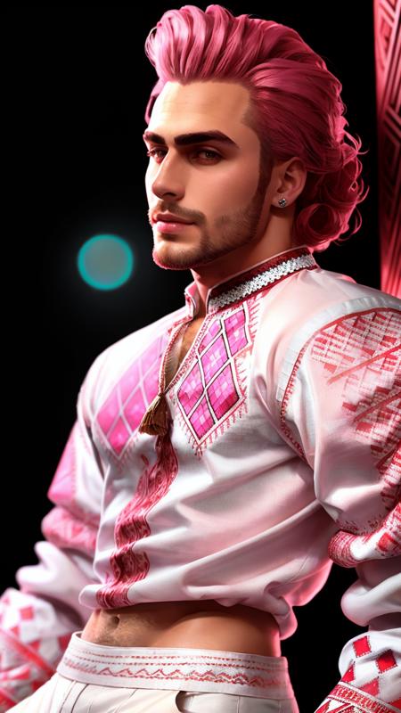 highest quality, 16k, raw photo, photorealistic, professional photograph, intricate, colorful, (low angle shot:1.3), upper body, (detailed skin, detailed eyes:1.2), adult male, (gigachad man in pink vyshyvanka shirt with red geometrical pattern, pattern on sleeves:1.4), (wide white pants:1.2), (beard, hyper masculine, muscular:1.3), smile, high fashion, vogue, podium, supermodel, burlesque, cinematic, studio light, volumetric lighting <lora:vyshyvanka:1.2>