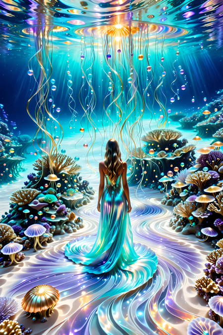 A surreal underwater realm where coral castles drip with glowing pearlescent syrup,jellyfish float like silk lanterns above a pearly sand floor,and luminous mermaids paint ocean currents with swirling trails of light and flowing pigments,magical realism,photoreal style,intricate lighting,A magnificent goddess stands in crystal clear water by flowing rivers of iridescent liquid pearl,Her long hair fluttered in the bright water,the swirling currents reflecting shimmering silver glow,
lavender,and soft gold,the entire scene glowing with divine radiance and surreal mysticism,photorealistic,ultra-high detail,ethereal light,
made of l1qu1dp34rl,pearlescent,flowing through bioluminescent coral reefs,iridescent bubbles rising in turquoise water,hyper-realistic translucency,pearlescent,
Masterpiece,best quality,hi res,8k,hi res,8k,award winning,(sharp focus, intricate, highly detailed),<lora:SDXLFaeTastic2400:0.4>,<lora:liquidpearlXL_r1:1>,<lora:TrendCraft_The_Peoples_Style_Detailer-v2.1A-3_12_2025-SDXL:0.8>