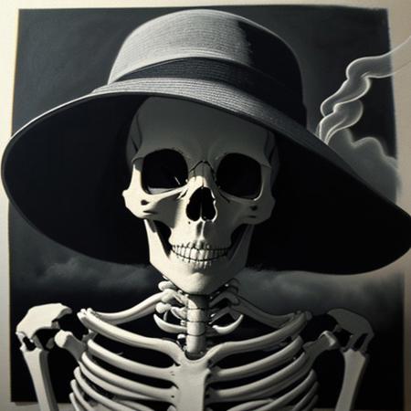 Close-up portrait of a female skeleton with a dark background, rendered in the style of a charcoal painting. Incorporate a supernatural and scary mood, enhanced with a touch of eerie smoke swirling around. Emphasize the Chiaroscuro lighting to create dramatic contrasts between light and shadow, and add linocut textures for depth. Apply a tilt-shift effect to focus attention on the details of the skull and facial features.