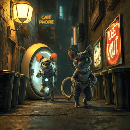 Two tiny mice, dressed in high-tech, advanced spacesuits with glowing visors and futuristic gadgets, are stepping out of a small, sleek alien spacecraft. Their faces are lit with excitement and wonder as they eagerly anticipate meeting Earth's inhabitants. However, they’ve mistakenly landed in a gritty, dimly lit urban alleyway with a few neon signs casting light . The walls are covered in graffiti, and trash bins line the narrow space. Emerging from the shadows, an alley cat with a muscular physique, sleek fur and piercing gold and green eyes is poised to pounce, toward the unsuspecting mice. The scene is illuminated by a flickering streetlight neon and neon signs, casting eerie shadows across the alley., architecture, fashion, poster, 3d render