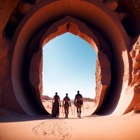 photo, two people walking through a tunnel in the desert (BaroqueWarrior style:1) (ToweringPortal style:1) <lora:djzToweringPortalV21:1>