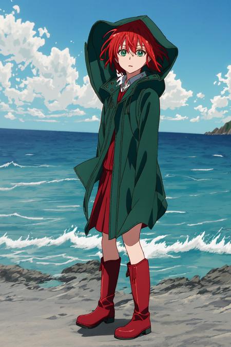 <lora:HatoriChise-000002:0.9> hatorichise, mage_outfit, 1girl, boots,green eyes, hood, hood down, hooded jacket, blue sky background, water splash, outdoors, short red hair, grey skirt, full body, standing on water, solo, ocean behind her,