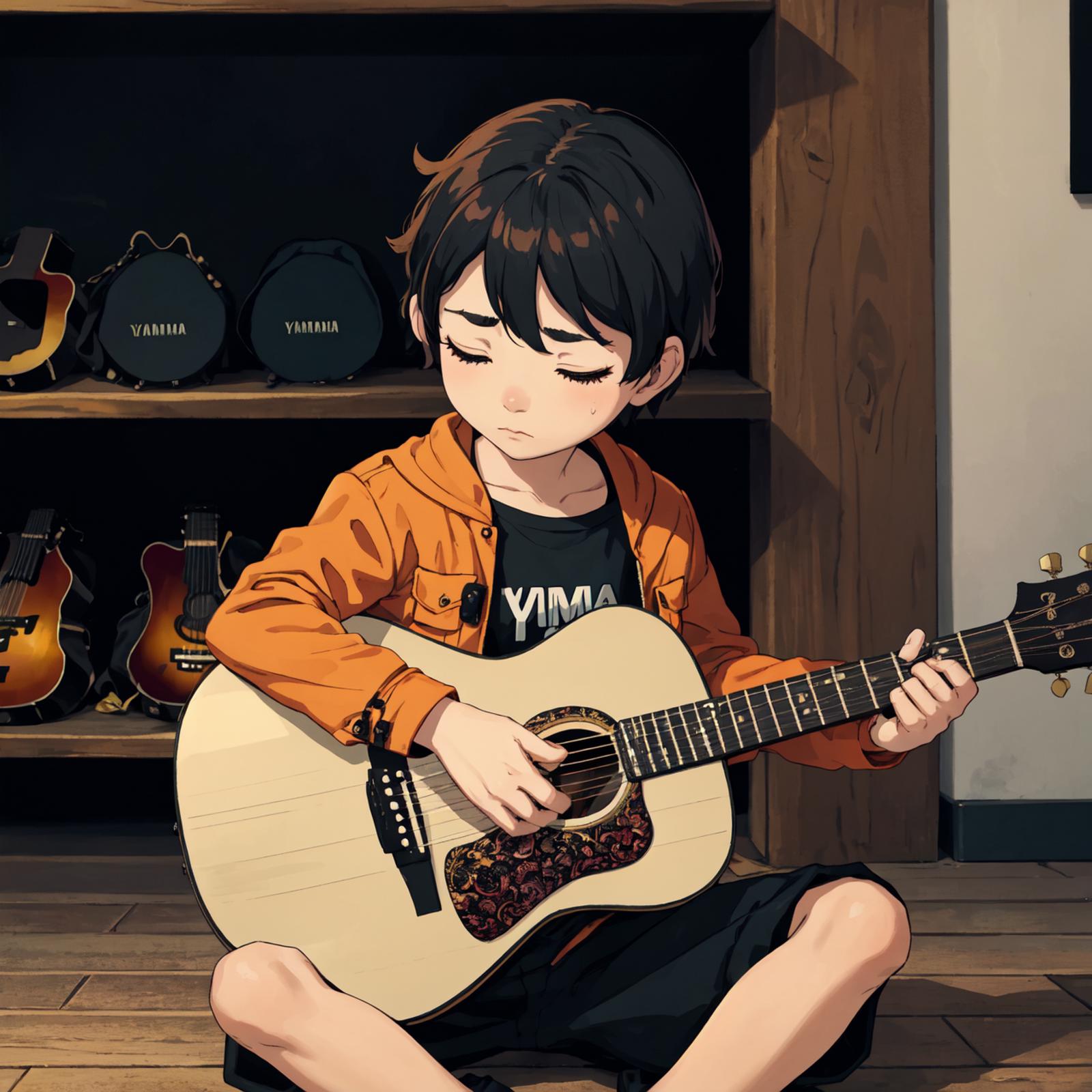 A young boy playing guitar in a music store.