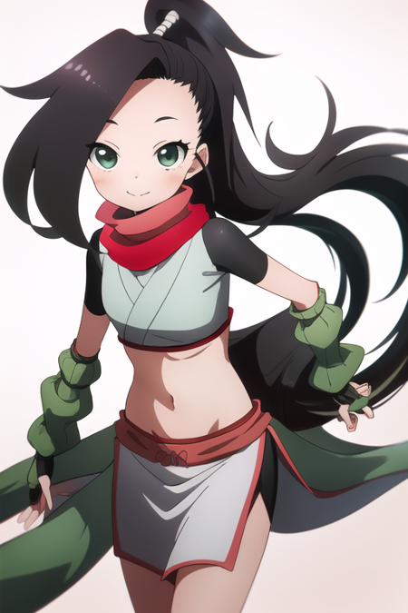 masterpiece, best quality, KunoTsubakiv1, green eyes, black hair, closed mouth, looking at viewer, shirt, long hair, solo, asymmetrical bangs, forehead, high ponytail, navel, ponytail,red scarf, scarf short sleeves, smile, pelvic curtain, shorts, green gloves, arm warmers, fingerless gloves,