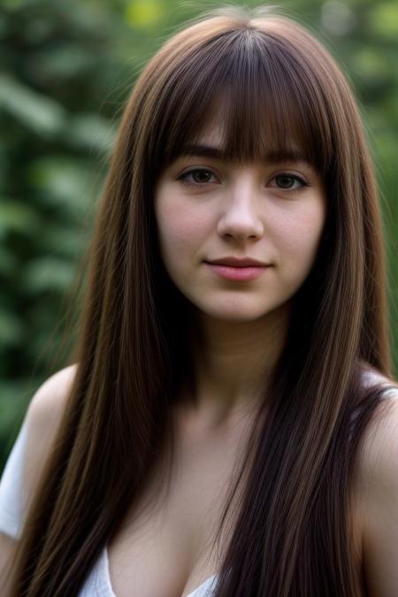 ((score_9, score_8_up, score_7_up) (masterpiece, best quality, highres, realistic, best quality)) portrait, girl, 19 years old, green eyes, brunnete, long hair, bangs, smilling, looking at camera, face shot, cute face, attractive face, button nose,