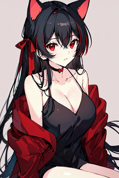 <lora:may:0.8>1girl, solo, animal ears, breasts, red eyes, long hair, cat ears, cleavage, red jacket, black hair, looking at viewer, dress, black dress, multicolored hair, jacket, streaked hair, open jacket, sleeveless dress, bare shoulders, choker, red hair, open clothes, sitting, spaghetti strap, hair between eyes, large breasts, sleeveless, off shoulder, simple background, red ribbon, very long hair, holding ribbon, closed mouth, bangs, long sleeves, black choker, ribbon