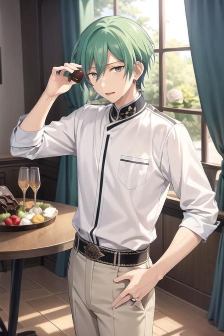 <lora:Tatsumi-04:0.7>, tatsumi kazehaya, solo, looking at viewer, short hair, shirt, long sleeves, 1boy, jewelry, purple eyes, white shirt, flower, male focus, earrings, food, green hair, pants, cup, rose, table, ring, white flower, curtains,  drinking glass, beads, mirror, chocolate