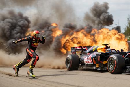 Hyperrealistic art max verstappen Fighting game style RAW photo,a male driving a formula one race car, screaming, exploding car, vfx, concept art, action photo <lora:cinematic explosion style 1.5:1>, 8k uhd, dslr, soft lighting, high quality, film grain, Fujifilm XT3   . Dynamic, vibrant, action-packed, detailed character design, reminiscent of fighting video games . Extremely high-resolution details, photographic, realism pushed to extreme, fine texture, incredibly lifelike