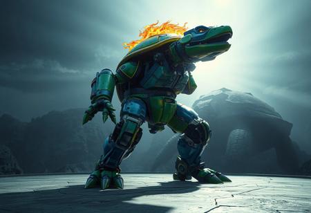 Giant Turtle Who Feeds on Flames robot from TMNT, green and blue, large left arm gun, smaller right arm gun, blue helmet, dynamic action pose, standing on gray platform, Island Turtle background. Highly detailed, intricate, cinematic lighting, godrays, dim ambient light. Octane Render, Unreal Engine 5, Houdini Style elements, Splash Ink Illustration influence, Matte Painting, concept art, digital painting. Impeccable composition, creative angle, Golden Ratio. 8k, trending on Artstation, CGSociety.