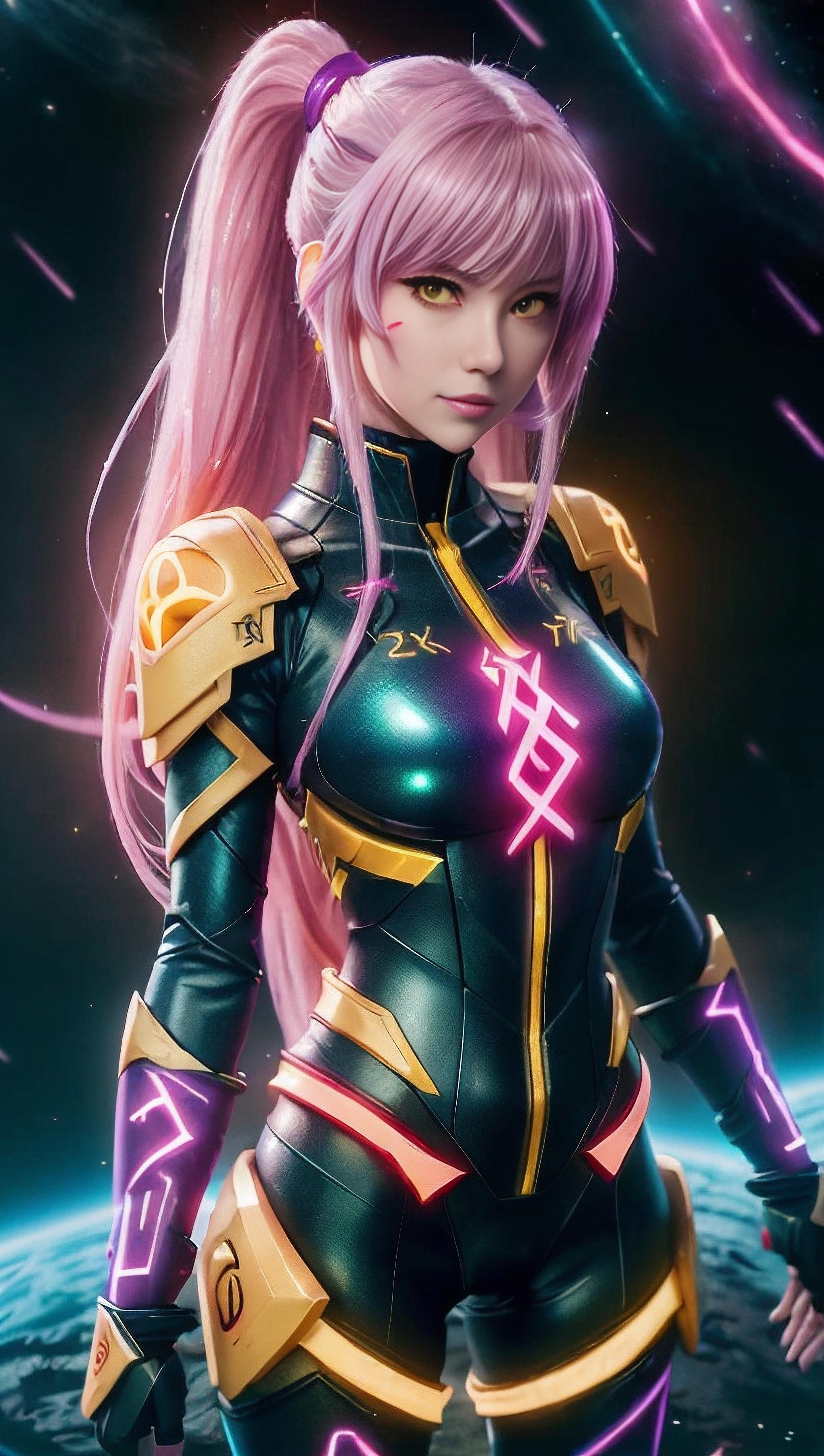 anime artwork sexy girl, long hair,red eyes,yellow hair,fair_skin,oval face,Cosmic combat suits,science fiction,petite,Ayanami,Combat headband,  <lora:GlowingRunesAIv4:1> , glowingrunesai_yellow, glowingrunesai_pink, glowingrunesai_purple . anime style, key visual, vibrant, studio anime,  highly detailed