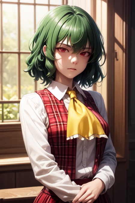 1girl Yuuka_Kazami Touhou_Project short green hair red eyes white buttoned shirt long white sleeves red plaid vest red plaid skirt medium sized breasts yellow neckerchief