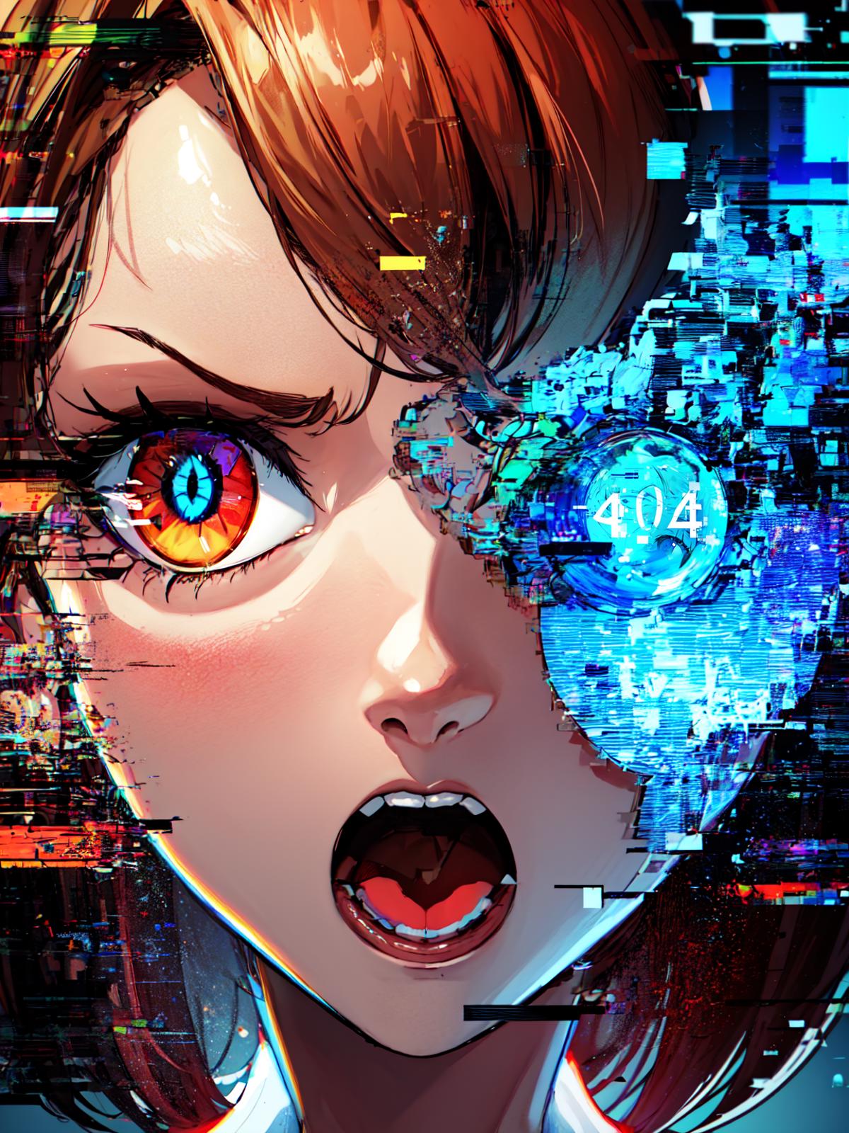A woman with her mouth open and weird eyes in a futuristic setting.