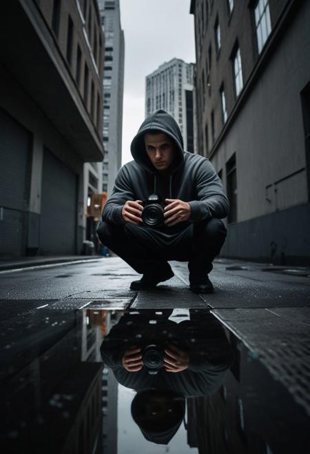 Low-angle, close-up view of a person holding a camera.  Urban setting, with city buildings in the background.  Mid-adult, light-skinned male, dressed in a dark gray or black hoodie.  The man's expression is contemplative, focused on the camera lens.  His pose is centered, holding a dark-colored DSLR camera. The camera lens is reflecting a street scene, creating a distorted perspective of the city alleyway.  The reflection within the lens displays a wet, urban street, with a detailed view of the wet pavement and steps.  The colors in the reflection are muted and gray-toned, contrasting with the overall dark palette of the image.  The lighting is dramatic, moody, and creates a strong sense of atmosphere.  The focus is sharply on the lens, creating a shallow depth of field.  The textures of the clothing and camera are apparent.  A strong use of perspective, with the viewer inside the camera lens.  City urban street scene with concrete and buildings, creating a dark and mysterious mood. Urban contemporary style photo.  Wide-angle lens perspective. High contrast lighting, dramatic shadows.  A dramatic urban cityscape, the reflection of the street in the lens.