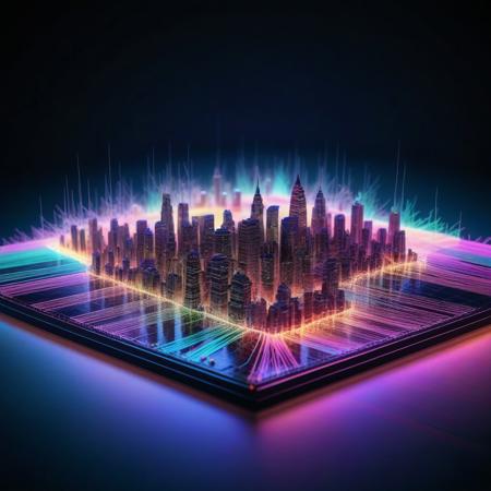 made of tiny neon glass filaments, city, w0gf1l, lightning, neon, colorful sky, colorful fragments