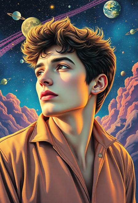 (((high quality seventies retro design aesthetics))), Seventies Psychedelic 70's space album cover, dynamic, colourful, slow track, melancholic, young white man, artist name "MUSAIC",  melancholic, album title "Metaphysical Mind"