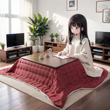 best quality, ultra-detailed, illustration,
kotatsu, 1girl, solo, indoors, plant, sitting, television, rug, wooden floor, book, couch, brown hair, blanket, long hair, chair, carpet, black hair, potted plant, long sleeves, grey sweater,
 <lora:JAPAN_Scenery_kotatsu_SD15_V3:0.6>