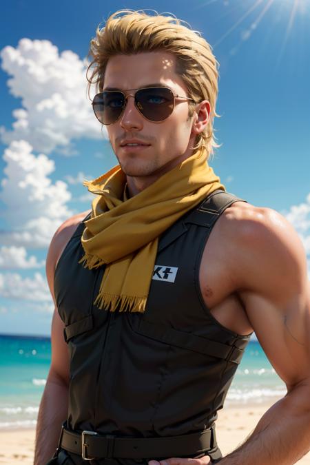 Kazuhira Miller,  blue eyes,  blond hair,  (shaved face:1.3),  wore aviator sunglasses,  (MSF guerrilla outfit),  (yellow scarf),  fit body,  handsome,  charming,  alluring,  smile,  intense gaze,  (standing),  (upper body in frame),  costa rica beach location,  sky,  perfect light,  perfect anatomy,  perfect proportions,  perfect perspective,  8k,  HQ,  (best quality:1.2,  hyperrealistic:1.2,  photorealistic:1.2,  madly detailed CG unity 8k wallpaper:1.2,  masterpiece:1.2,  madly detailed photo:1.2),  (hyper-realistic lifelike texture:1.2,  realistic eyes:1.2),  picture-perfect face,  perfect eye pupil,  detailed eyes,  realistic,  HD,  UHD,  front view,<lora:EMS-498-EMS:0.100000>,<lora:EMS-264989-EMS:0.600000>