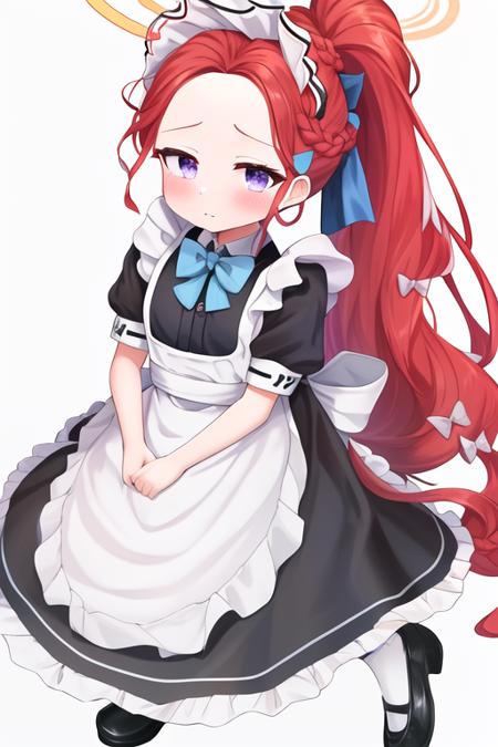 masterpiece, best quality, highres, solo, {yuzu_bluearchive:1.10}, long_hair, red_hair, blush, forehead, halo, bow, very_long_hair, hair_bow, blue_eyes, braid, purple_eyes, 1girl, alternate_costume, apron, dress, maid, maid_apron, maid_headdress, short_sleeves, white_apron, black_dress, frills, simple_background, blue_bow, looking_at_viewer, puffy_sleeves, white_background, frilled_apron, puffy_short_sleeves, enmaided, bangs, closed_mouth, bowtie, black_footwear, holding, shoes, duster, ponytail