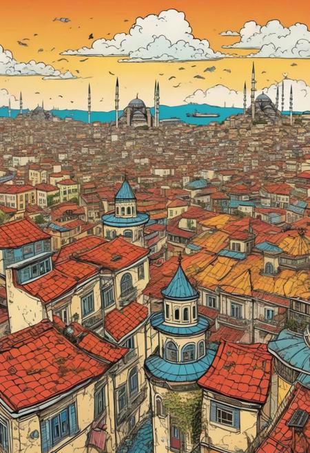 Chaotic stunning istanbul city, skyline, illustrated by herg, style of tin tin comics, pen and ink. vintage 90's anime style, colorful clouds, symmetric