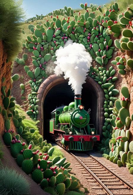 a steam train emerging from a tunnel, greens moke <lora:Prickly Pear Style v1:1>, Prickly Pear Style,