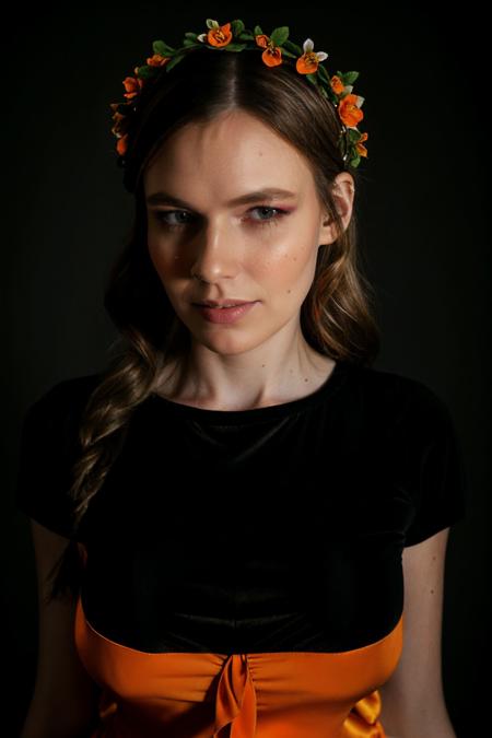 <lora:RebelRhyder_v1.1:1> RebelRhyder
(female in a dark theme),Beauty photo, facing viewer, 
with (
Peasant chic (orange blouse top:1.3), bellbottoms,      Wedge sandals   Flower crown
:1.2)
Messy French Twist, headbands
:1.1) hairstyle,  (head tilt,:1.2)
detailed hair strand, ear, detailed upper torso, detailed eyes, detailed pupils, detailed iris, detailed nose, detailed lips, ears, detailed sideburns, eye reflection, ray tracing, path tracing, 
in style of
Richard Avedon  Portrait        Large-format camera, high-quality lenses        Simple backgrounds,
<lora:epiC35mm:1>  epiCPhoto,  (plunging neckline:-1) dark studio  background,