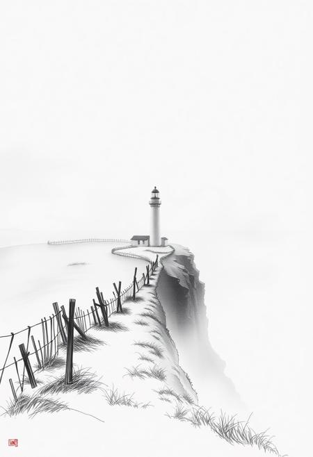 Amid a sweeping coastal expanse, a solitary lighthouse appears as a fine ink silhouette framed by a low-hanging mist that blurs the line between sky and earth. The background fades into tonal abstraction, with only hints of terrain visible through the veiled light. A collection of old, half-fallen fences lines the cliff edge, drawn in sharp, angular strokes that contrast with the softness of the air. There is no movement—only the presence of stillness and quiet tension. Light filters through the fog like a pale veil, lending a painterly softness that tempers the strong linework of the structure. A deeply contemplative image, filled with emotional weight and reflective depth.