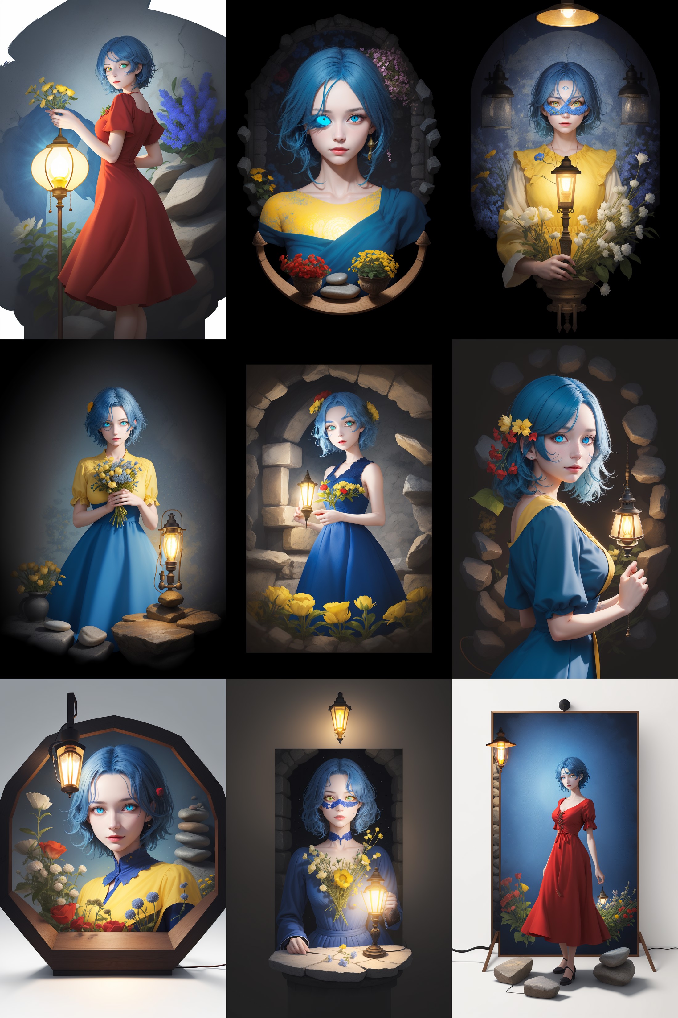 <lora:concept_master:1:ok> 1girl ,blue hair,yellow eye,red dress,stone,lamp,flowers,((looking at viewer)),[(background:1.4...