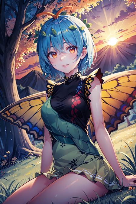 (masterpiece, best quality:1.4), looking at viewer, smile, cowboy shot, eternity larva, antennae, butterfly wings, short hair, leaf on head, sitting, outdoors, branch, tree, forest, sunrise, mountain, <lora:eternity_larva_v1:0.9>