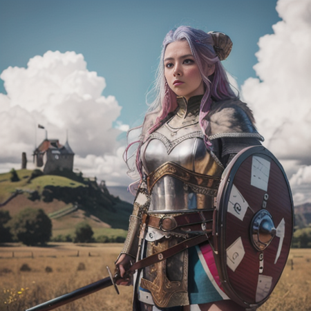 a vicking, standing in front  of medieval village, rainbow hair, full-length photo, 70mm lens, symmetrical, posing, sharp, textured skin,  realistic,intricated detailed ,(perfect fingers:1.2),  photographed by a Nikon Z7 II Camera,8k uhd,     <lora:Vicking-000006:0.8>