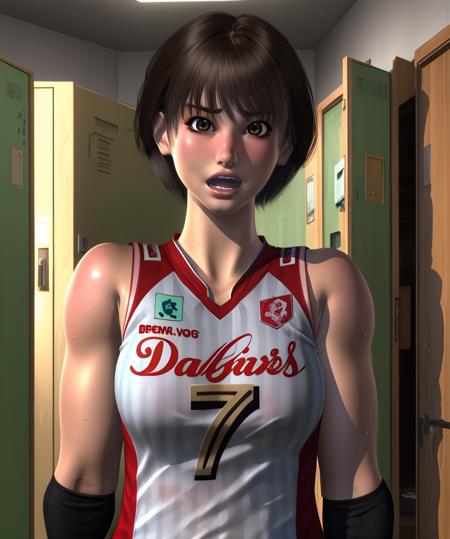 kaori,brown hair,brown eyes,short hair,surprised,
volleyball uniform,sleeveless,number 7,
standing,upper body,
locker room,
(insanely detailed, beautiful detailed face, masterpiece, best quality),solo,<lora:Kaorii-12WW3dcg:0.8>,