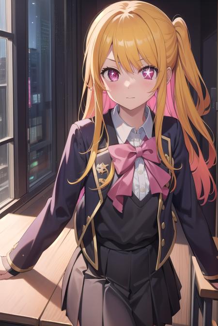 rubyhoshino, <lyco:rubyhoshino-lyco-nochekaiser:1>, 
ruby hoshino, (yellow hair:1.5), long hair, one side up, (pink eyes:1.5), sidelocks, (star-shaped pupils:1.5), (symbol-shaped pupils:1.5), (mismatched pupils:1.5),
BREAK black vest, blue jacket, bow, bowtie, collared shirt, cropped jacket, jacket, kneehighs, long sleeves, pink bow, pink bowtie, pleated skirt, school uniform, shirt, skirt, socks, vest, white shirt, white socks, youtou high school uniform,
BREAK looking at viewer,
BREAK indoors, classroom,
BREAK <lyco:GoodHands-beta2:1>, (masterpiece:1.2), best quality, high resolution, unity 8k wallpaper, (illustration:0.8), (beautiful detailed eyes:1.6), extremely detailed face, perfect lighting, extremely detailed CG, (perfect hands, perfect anatomy),