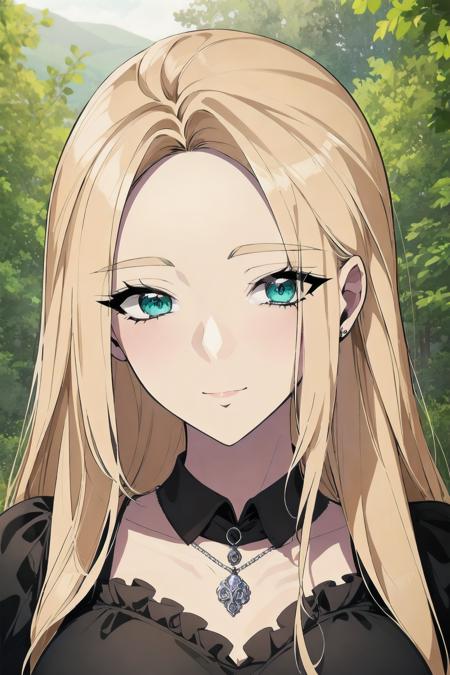 best quality, masterpiece, portrait, close-up, evonne deluah, aqua eyes, blonde hair, very long hair, forehead, hair intakes, sidelocks, large breasts, straight hair, frilled dress, necklace, smile, closed mouth, looking at viewer, outdoors, forest, park,
 <lora:Kizuki - Wished You Were Dead - Evonne Deluah:0.9>