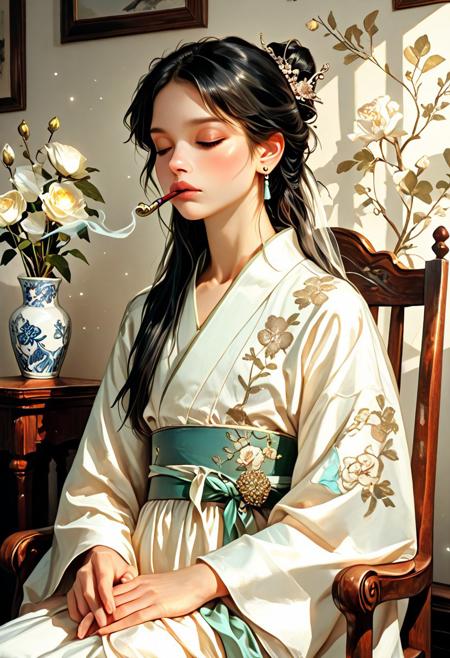 solo, short black hair, elegant man, seated, holding a long kiseru smoking pipe, traditional Hanfu-style silk robe, white with delicate embroidery, floral patterns, tied sash, flat chest, graceful pose, closed eyes, long sleeves, white flower vase in the background, ornate wooden chair, ethereal smoke, gentle lighting, earrings, realistic facial features, attractive , calm atmosphere, flower vase decor, semi-realistic style, digital painting, concept art, soft glow, dusty cool tones, volumetric lighting, ultrahigh definition,  absurdres, highres, very aesthetic, painted style, moody light, contrast of white fabric and dark wood, misty effect, light particles, serene, Midjourney style, elegant composition, aidma-niji
