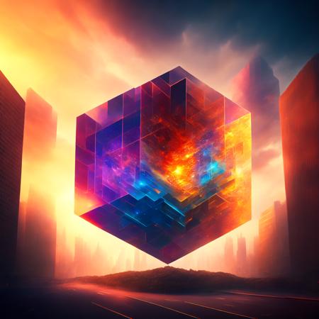 (cubicsingularity style:1) an abstract image of a cube in the middle of a city <lora:djzCubicSingularityV21_LoraBooth:1>