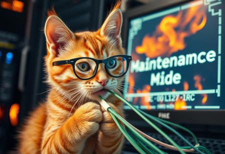 orange striped tabby wearing nerdy glasses, chewing fiber optic cable, breaking fiber optic cables, background: server room catching fire, computer screen displays the words "Maintenance Mode" in technical font