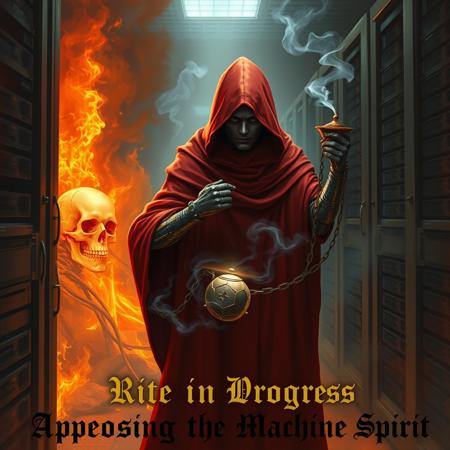 Digital art in style of Warhammer 40000, oil painting illustration. Figure of a man is wearing red hooded robes and mechanical arm is standing in a server room. Servers are burning and on fire. There is a faint outline of a skull visible in fire. Man is holding a chain of a censer with incense that emits light thin smoke.  Text at the bottom says "Rite in Progress: Appeasing the Machine Spirit". Text is in gothic style.