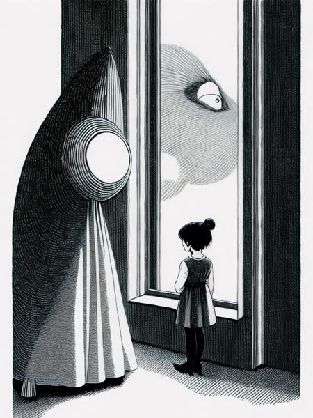 <lora:EdwardGorey:1>a little girl looking out a window at a giant creature standing next to her by Edward Gorey